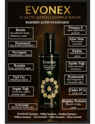 Evonex – Bilimden Gelen Güçle Saçlarını Yeniden Keşfet 14 Aktif Maddeyle Güçlendirilmiş Yasemin Özlü Şampuan