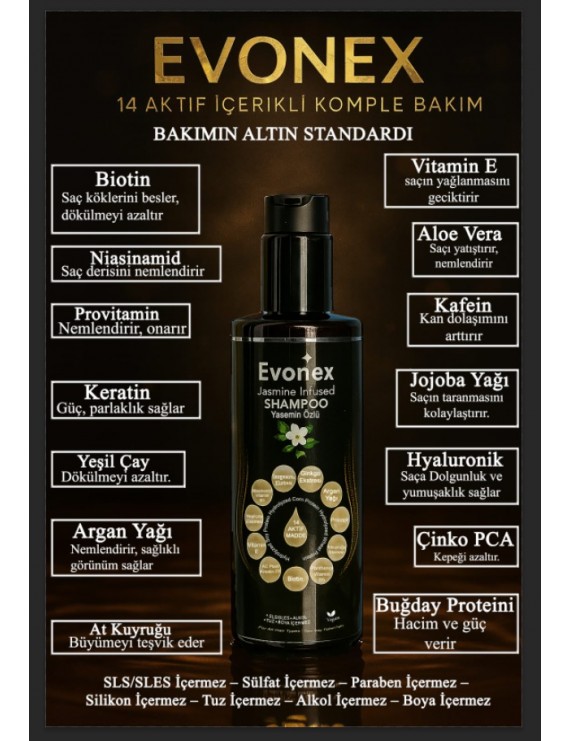 Evonex – Bilimden Gelen Güçle Saçlarını Yeniden Keşfet 14 Aktif Maddeyle Güçlendirilmiş Yasemin Özlü Şampuan